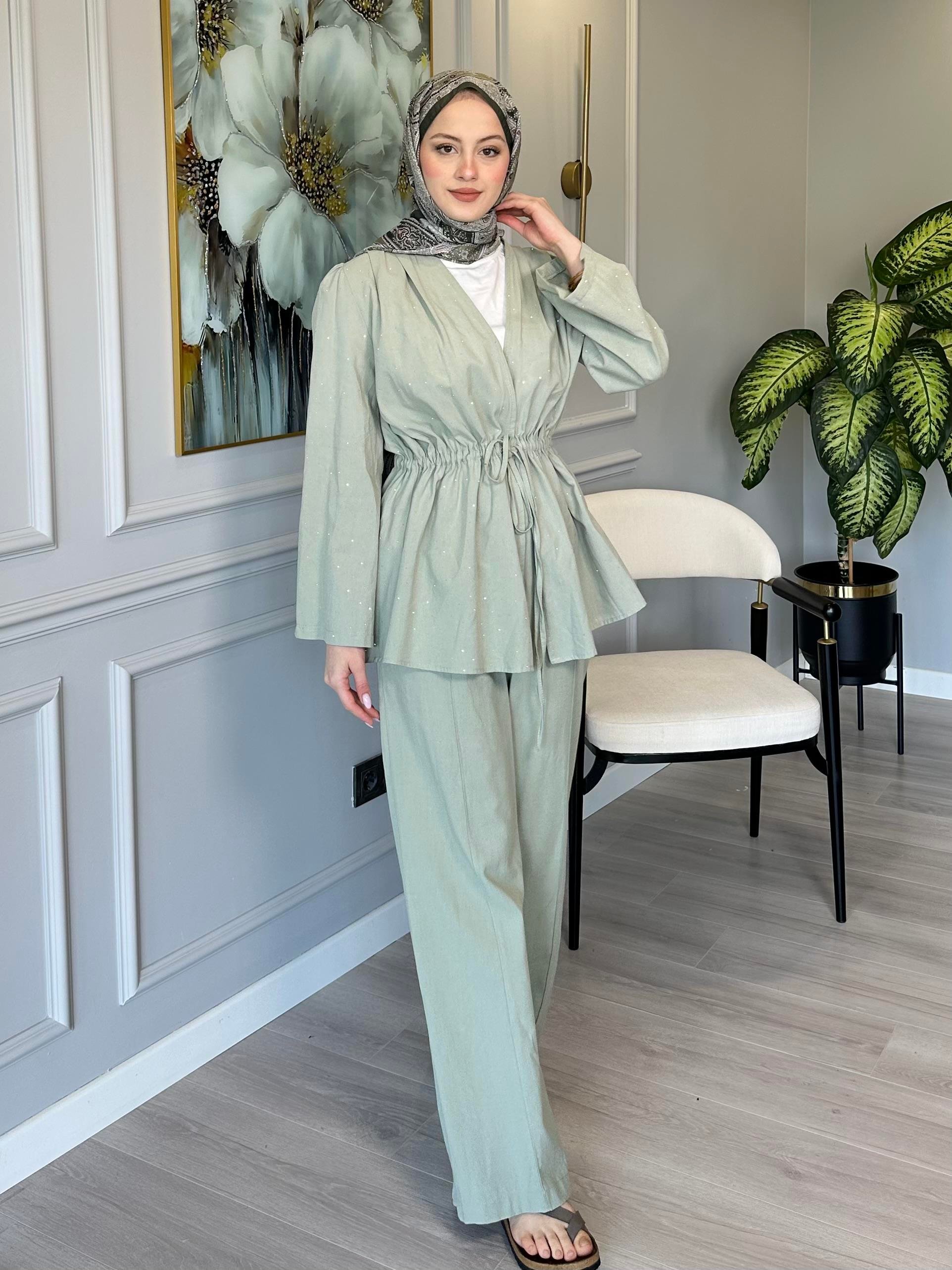 Mint Yeşili Taş Detaylı Keten Tunik Pantolon Takım