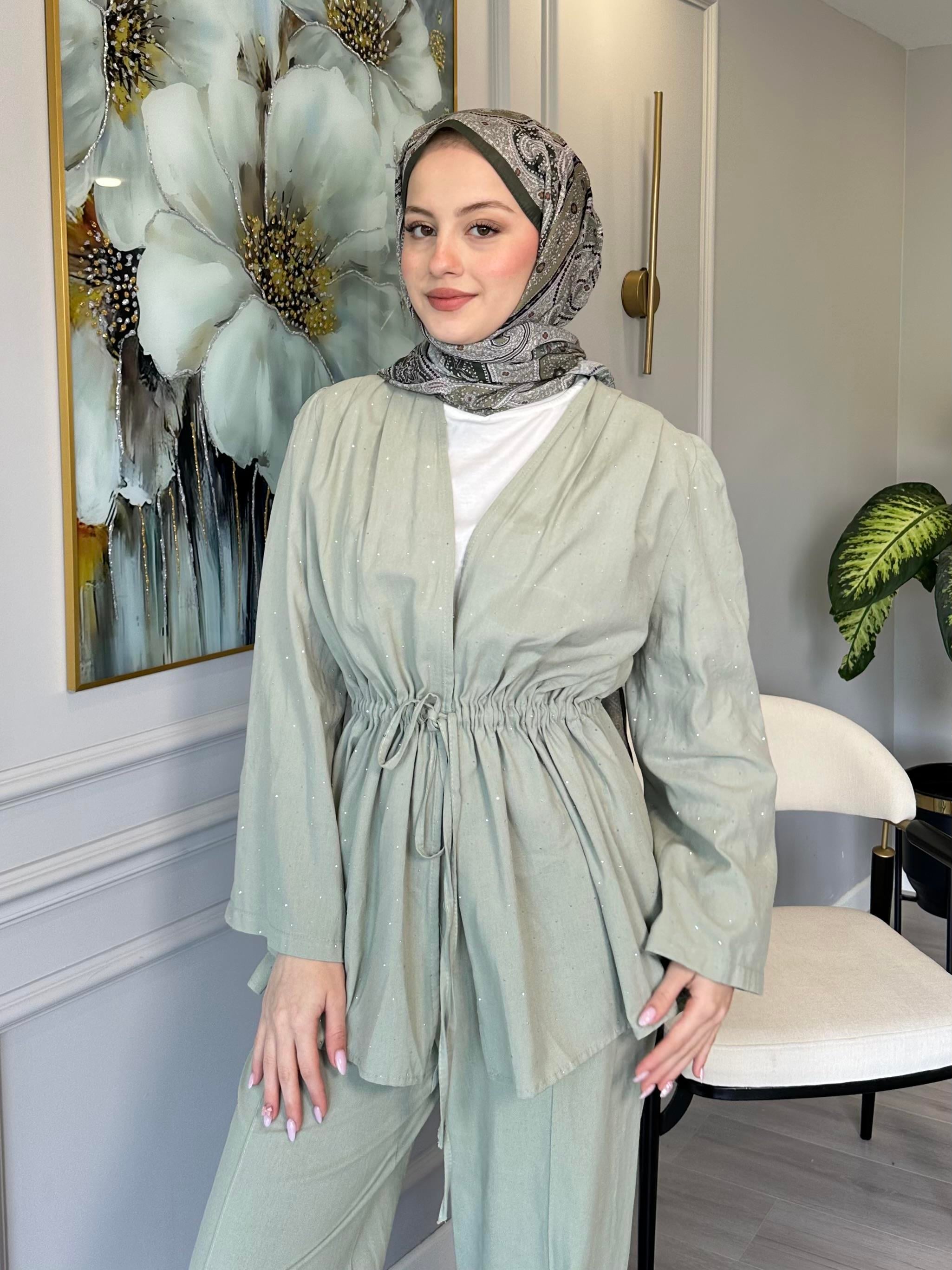 Mint Yeşili Taş Detaylı Keten Tunik Pantolon Takım