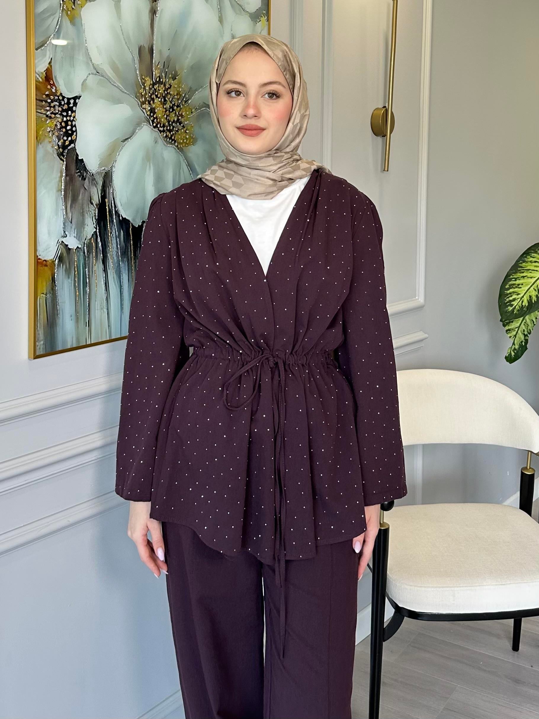 Mürdüm Taş Detaylı Keten Tunik Pantolon Takım
