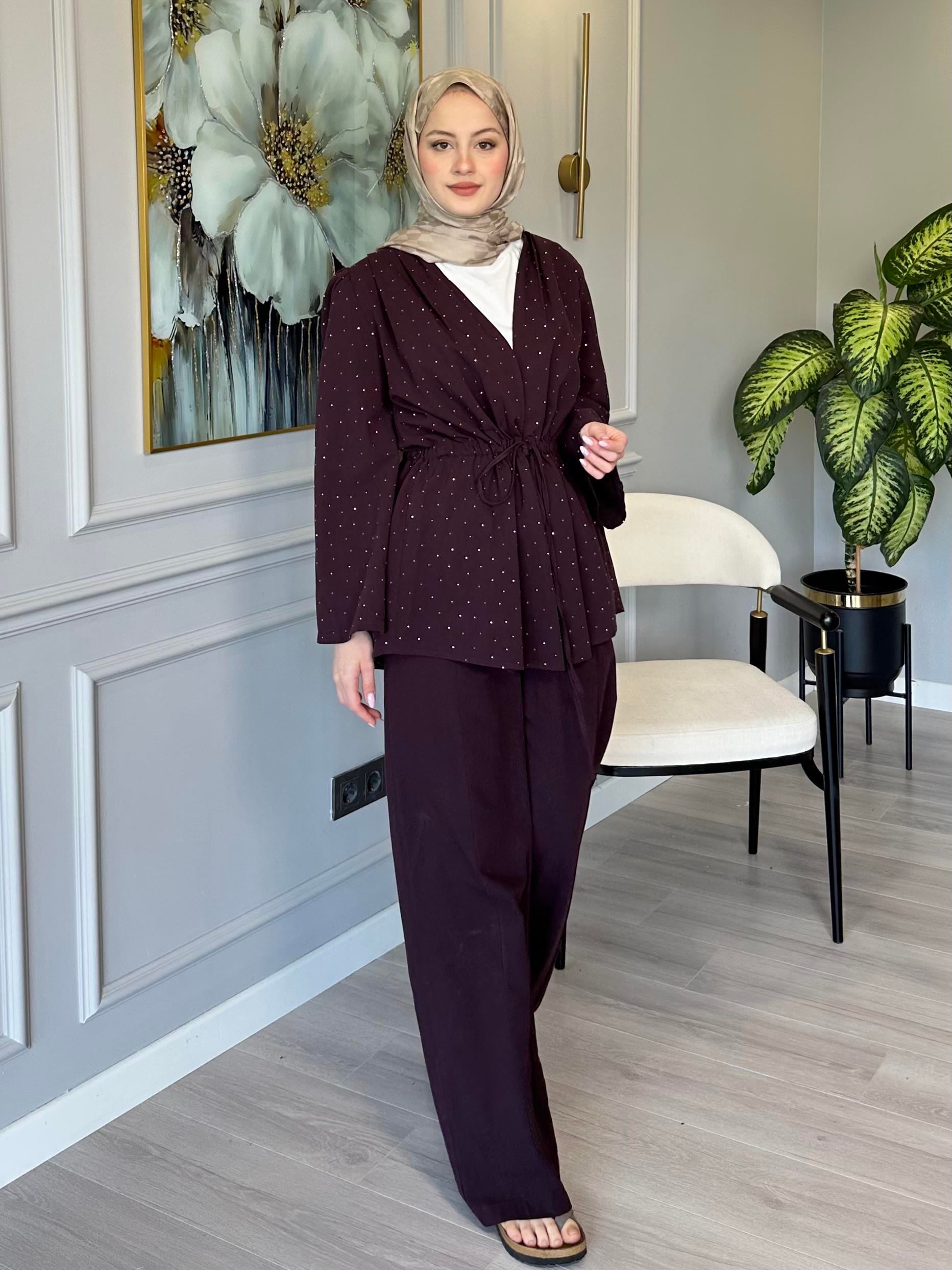 Mürdüm Taş Detaylı Keten Tunik Pantolon Takım