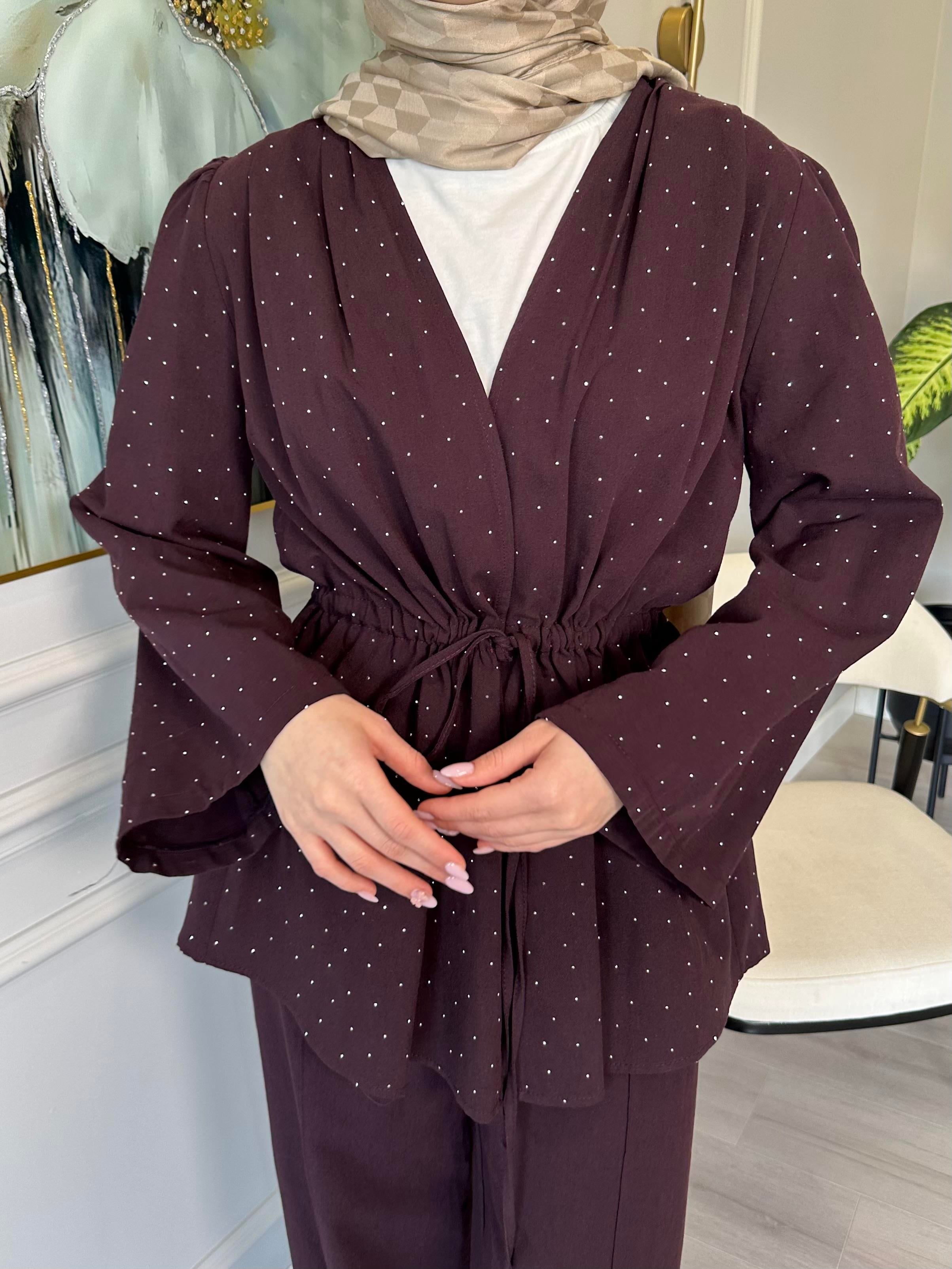 Mürdüm Taş Detaylı Keten Tunik Pantolon Takım