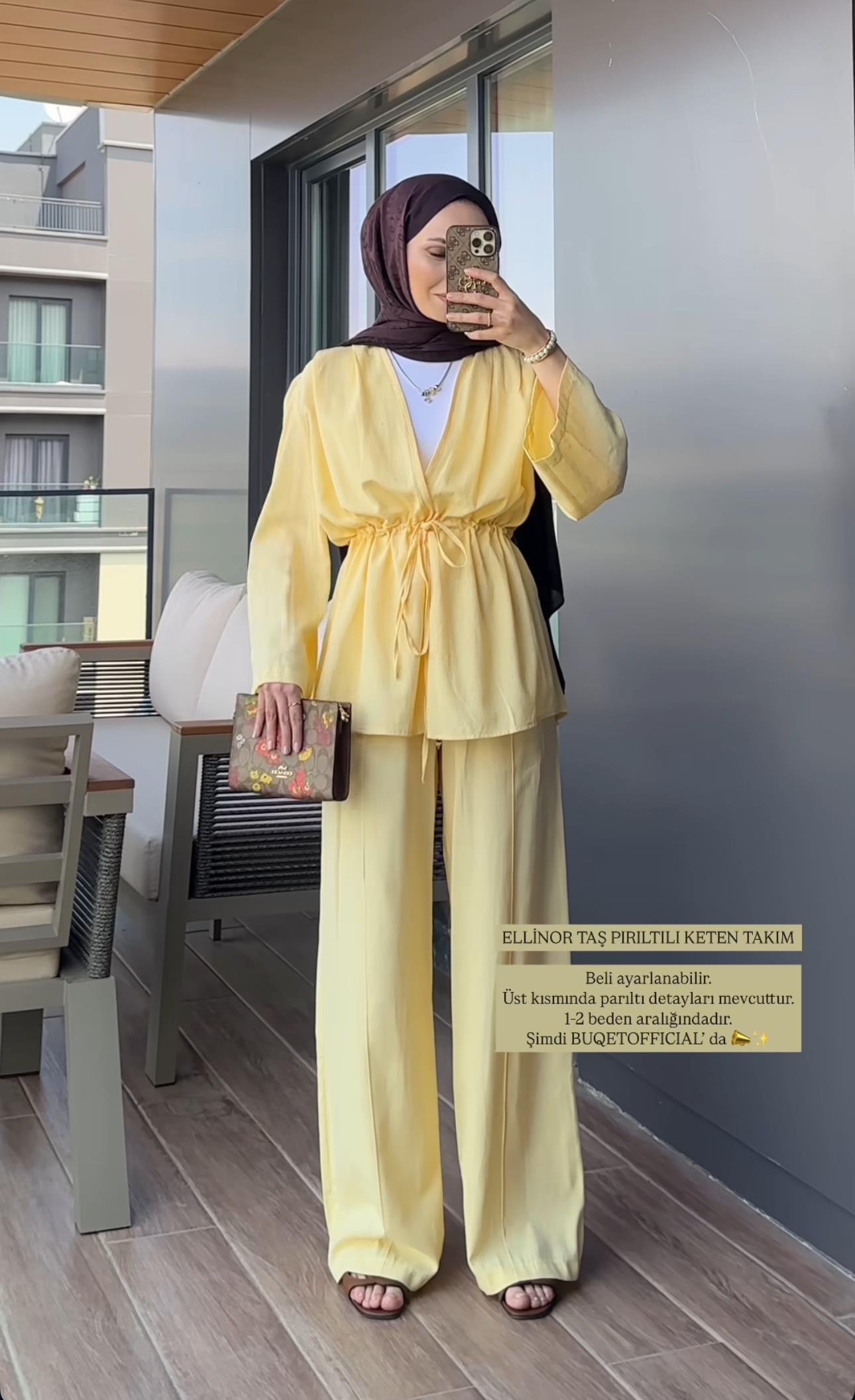 Sarı Taş Detaylı Keten Tunik Pantolon Takım