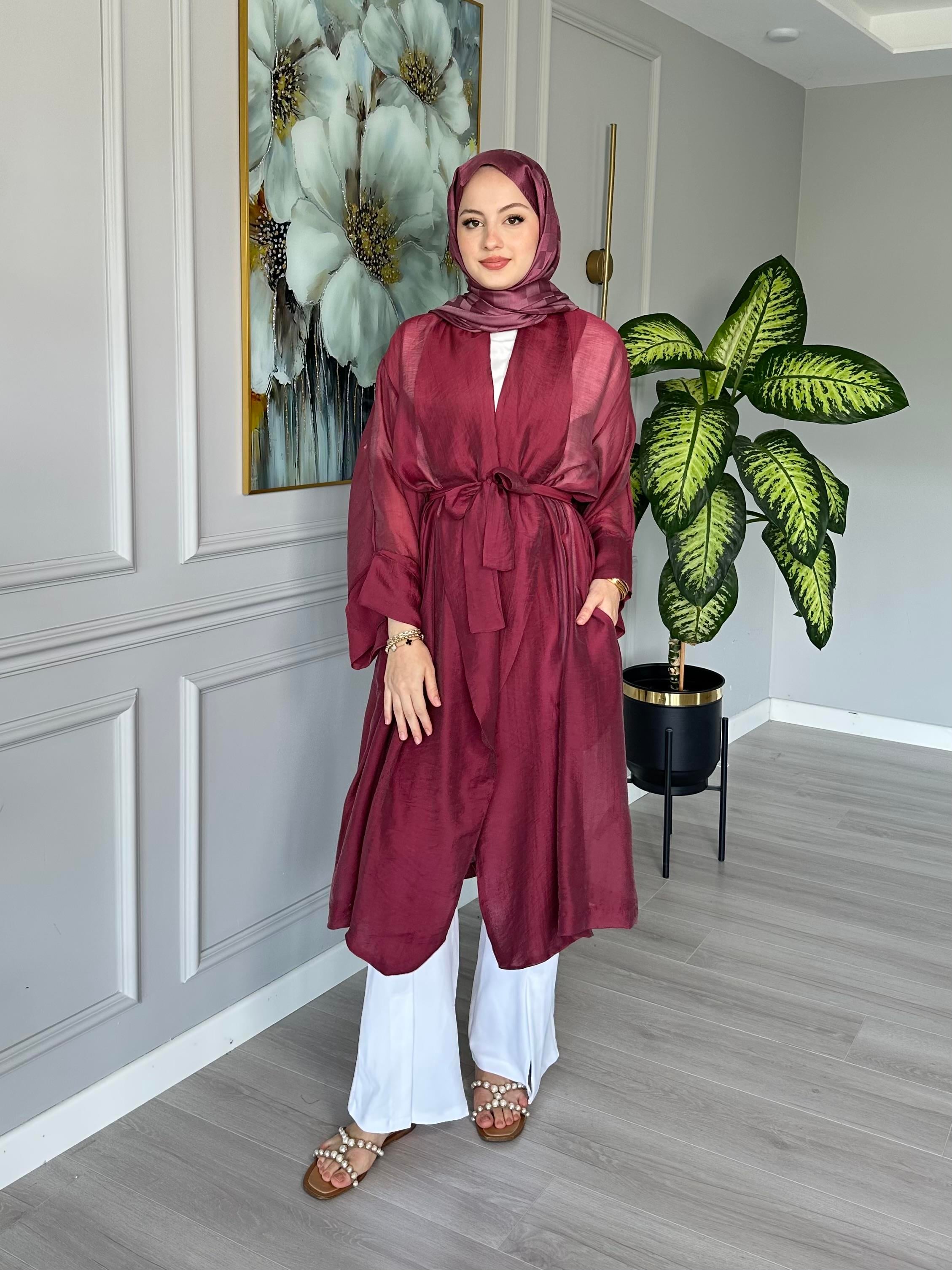Seyyar Kemerli Pamuk Vual Kimono – Bordo