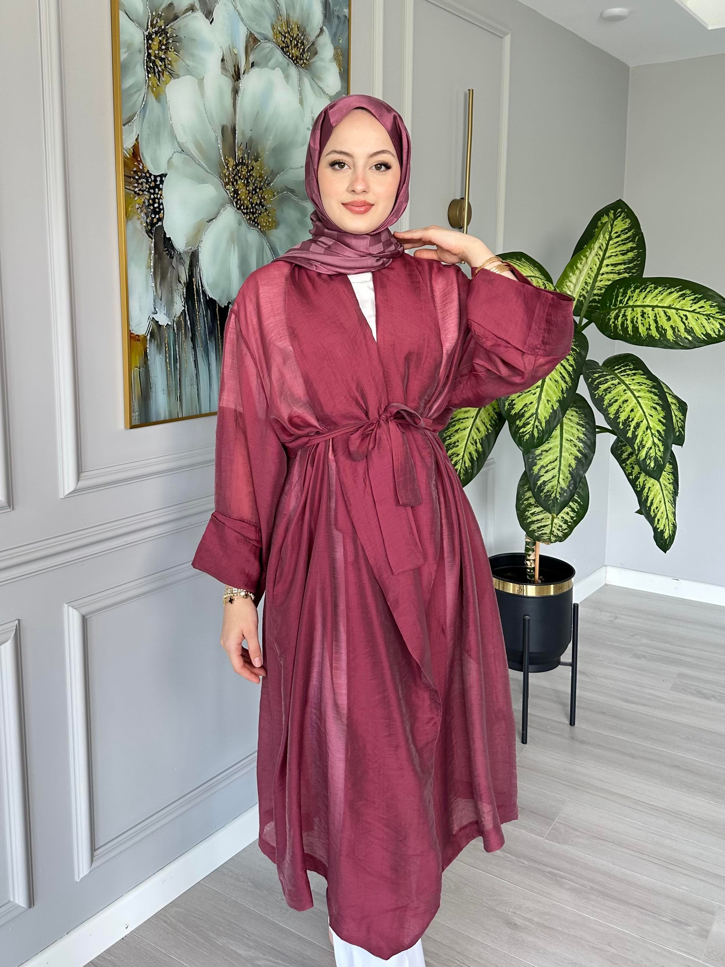 Seyyar Kemerli Pamuk Vual Kimono – Bordo