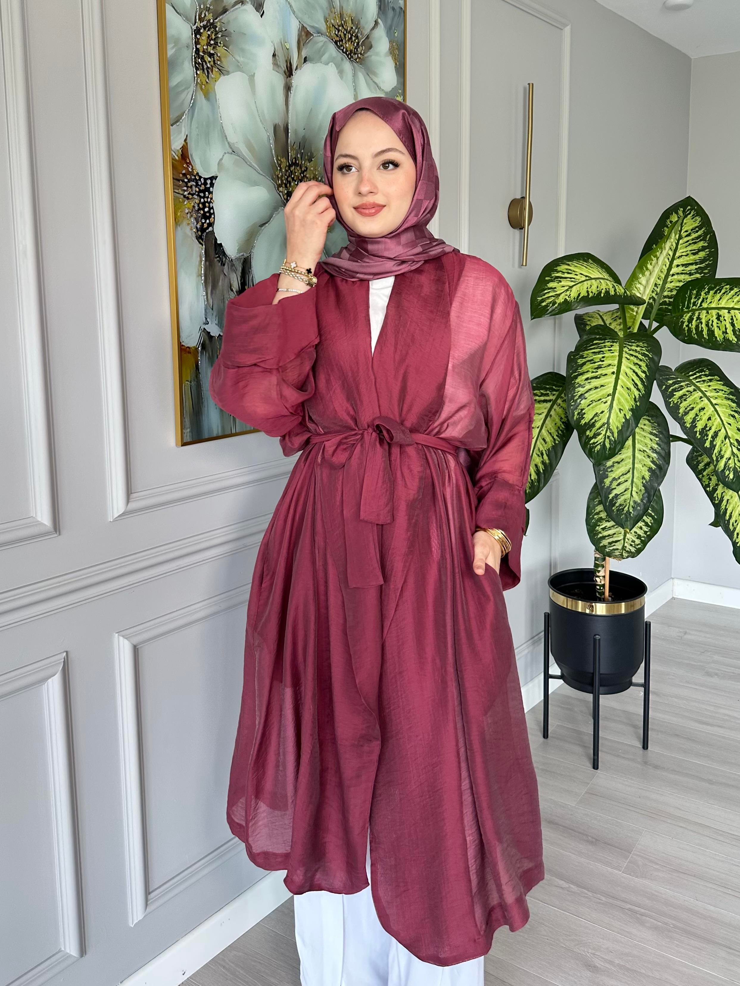 Seyyar Kemerli Pamuk Vual Kimono – Bordo