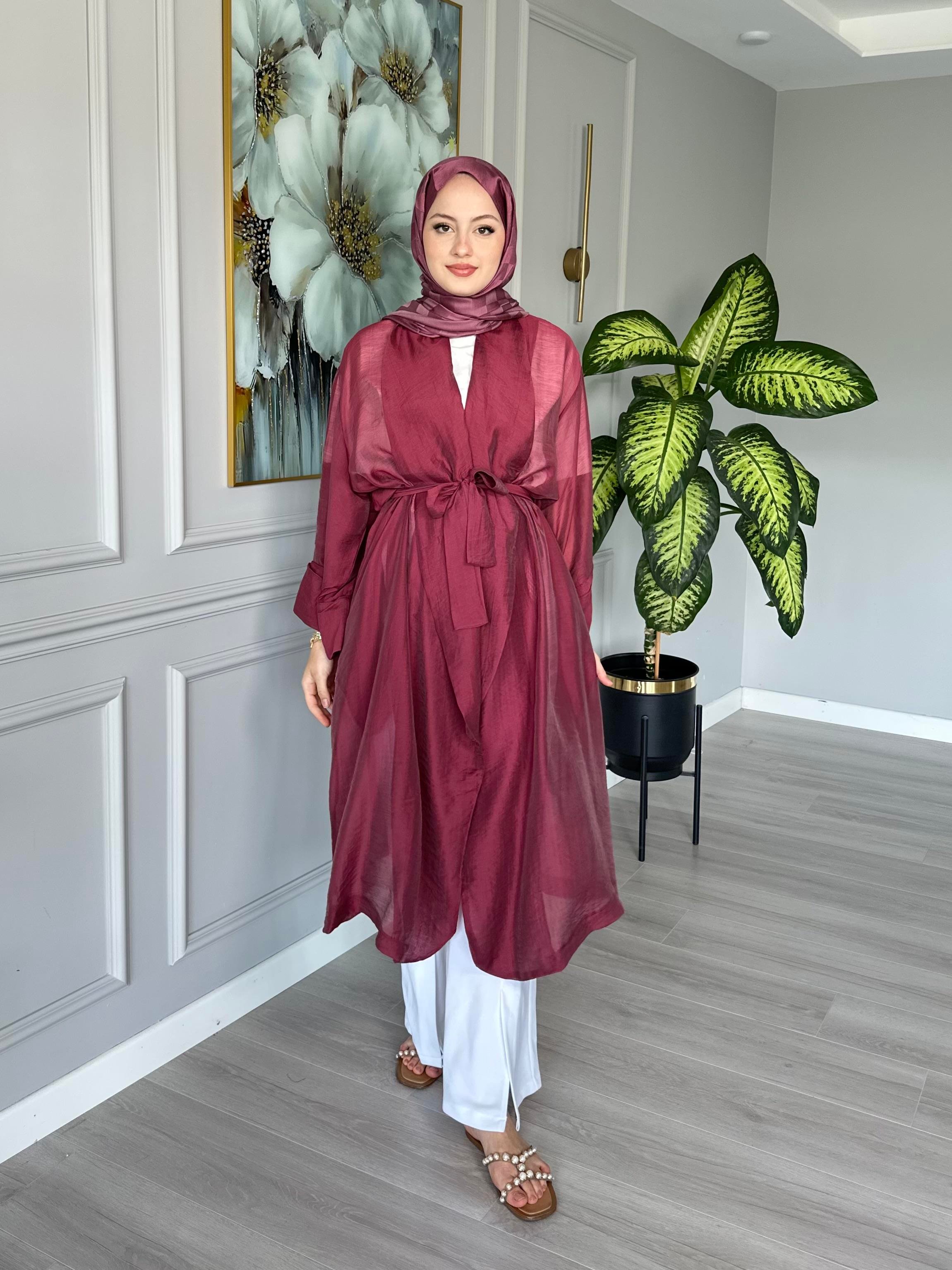 Seyyar Kemerli Pamuk Vual Kimono – Bordo