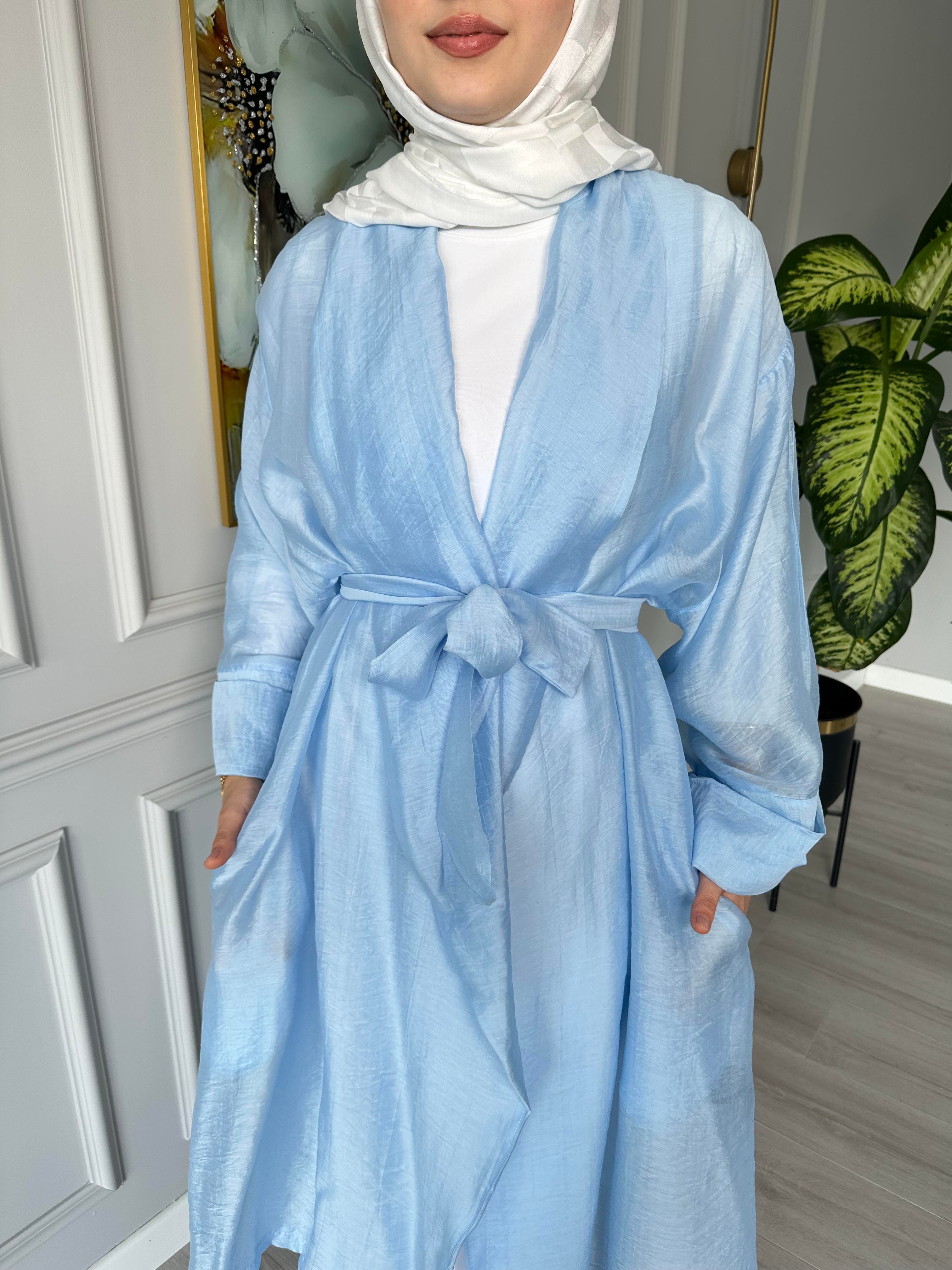 Seyyar Kemerli Pamuk Vual Kimono – Mavi