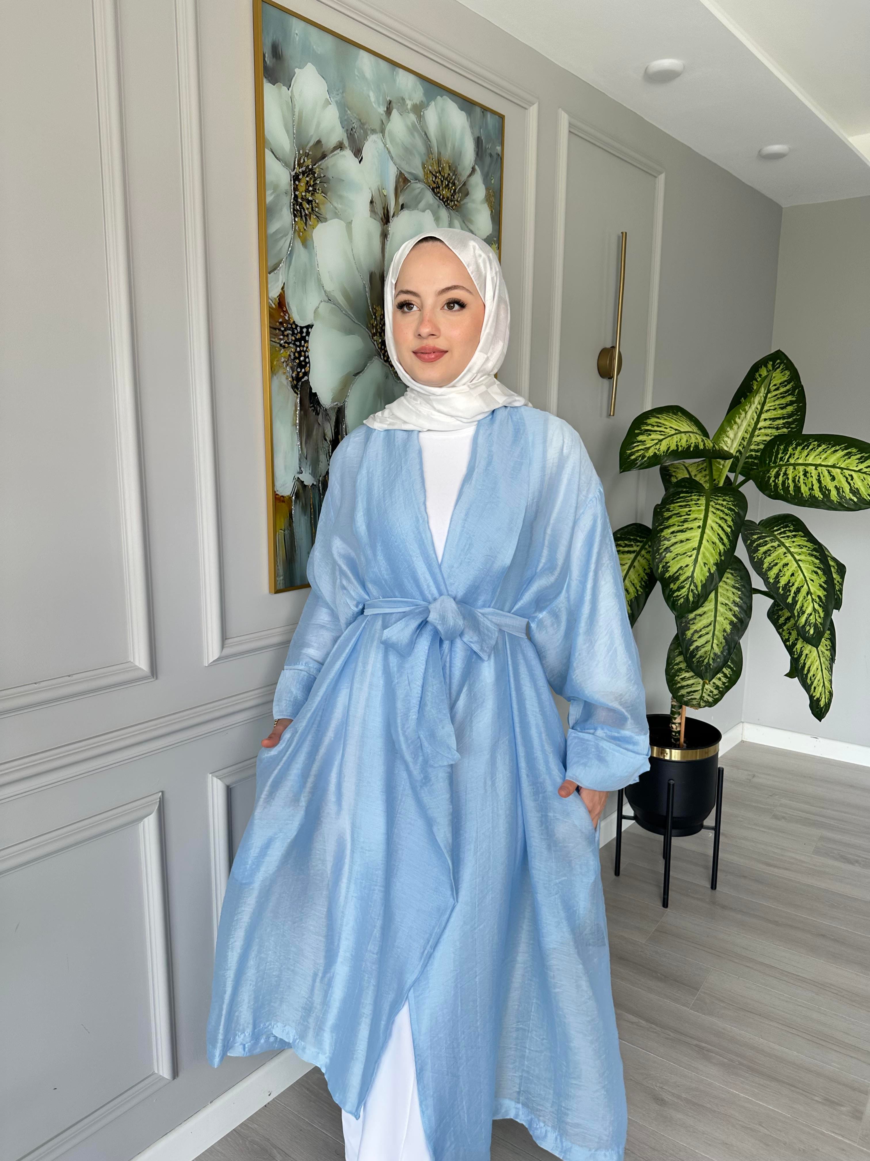 Seyyar Kemerli Pamuk Vual Kimono – Mavi