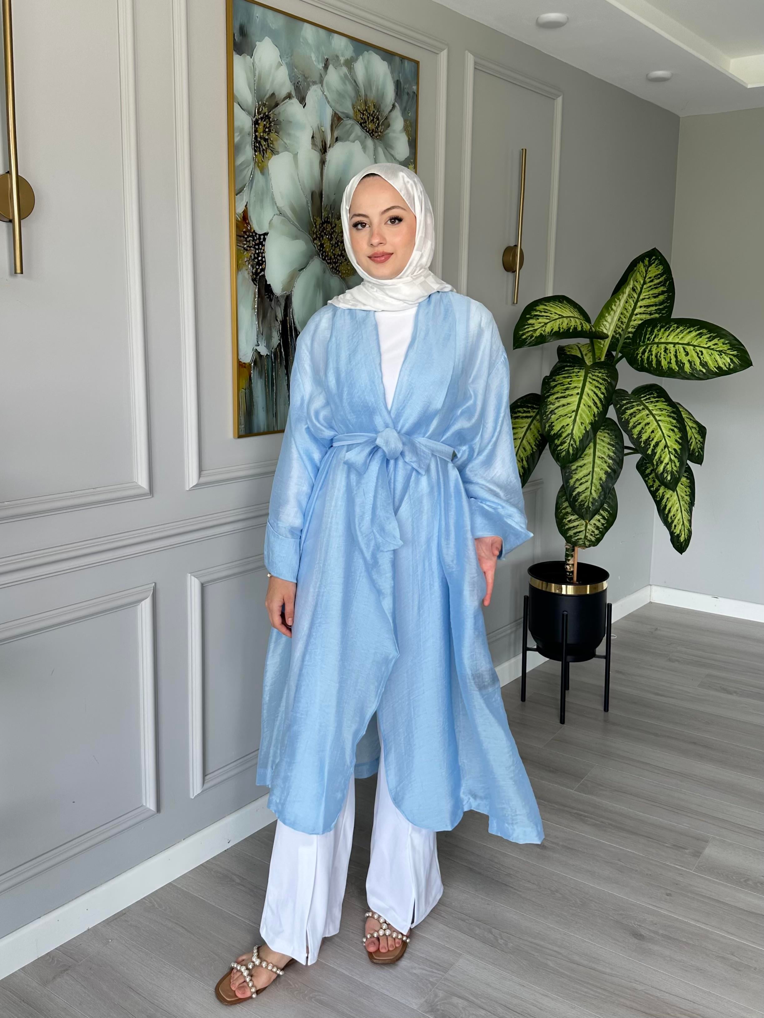 Seyyar Kemerli Pamuk Vual Kimono – Mavi