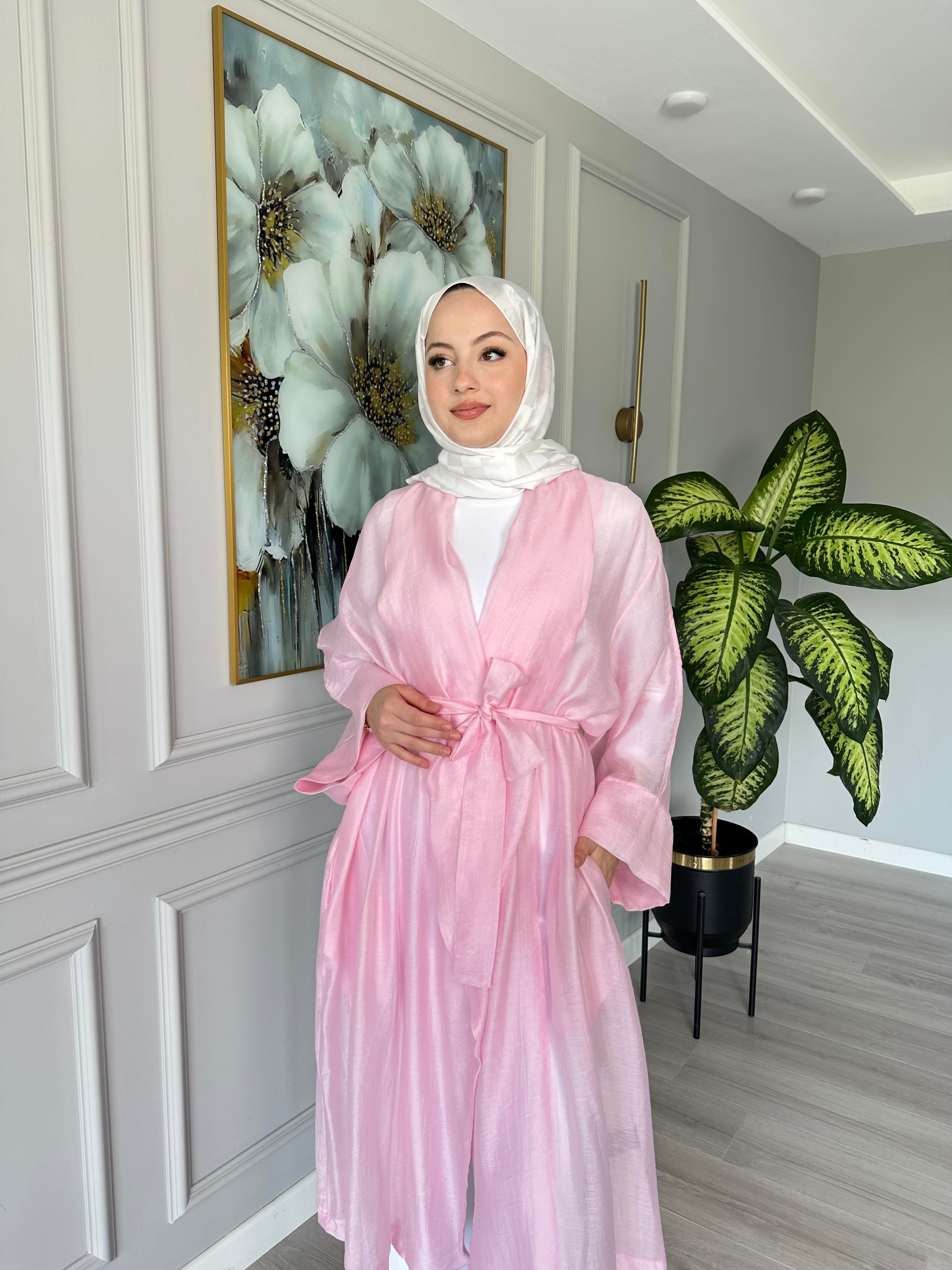 Seyyar Kemerli Pamuk Vual Kimono – Pembe
