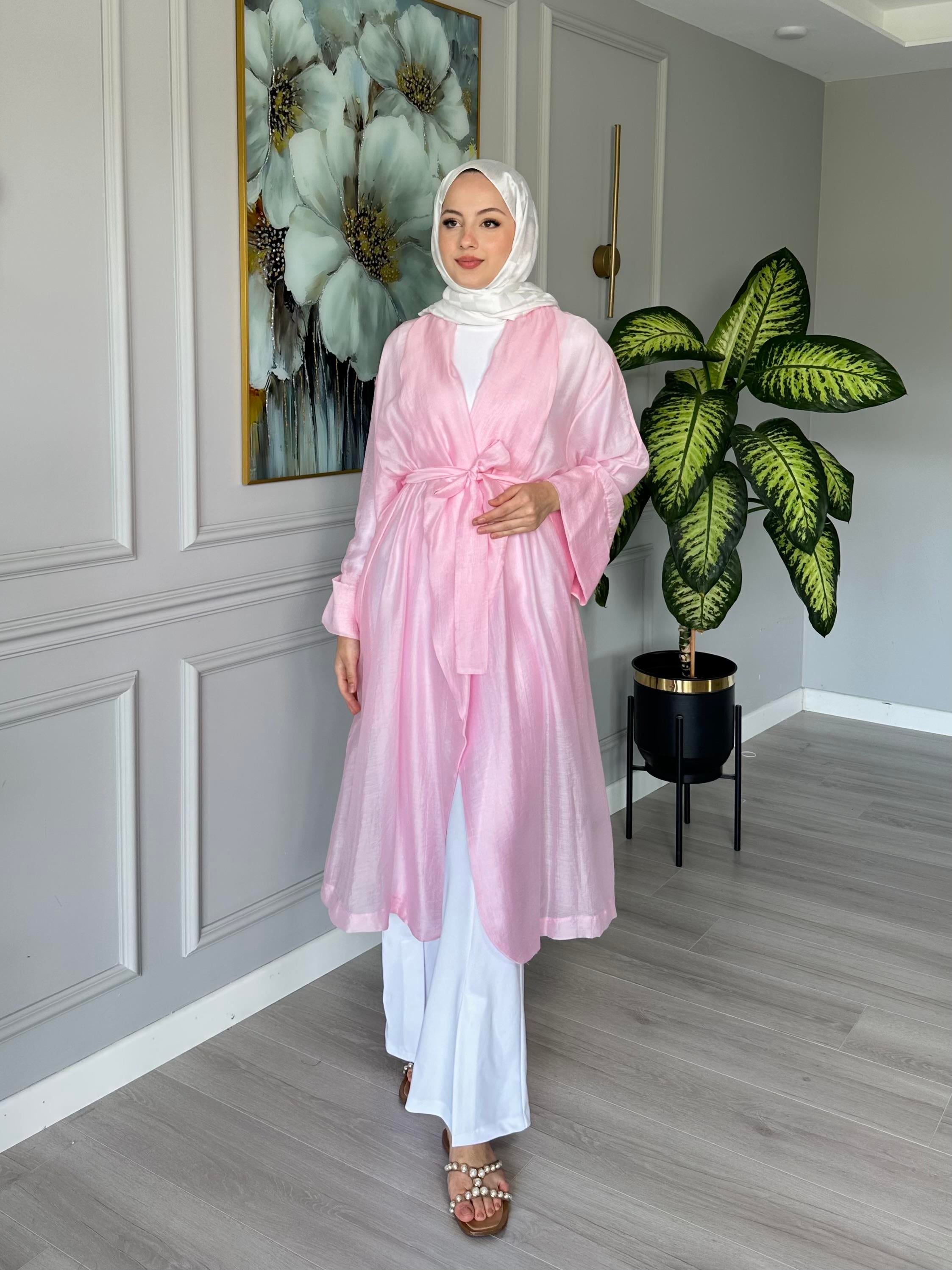 Seyyar Kemerli Pamuk Vual Kimono – Pembe