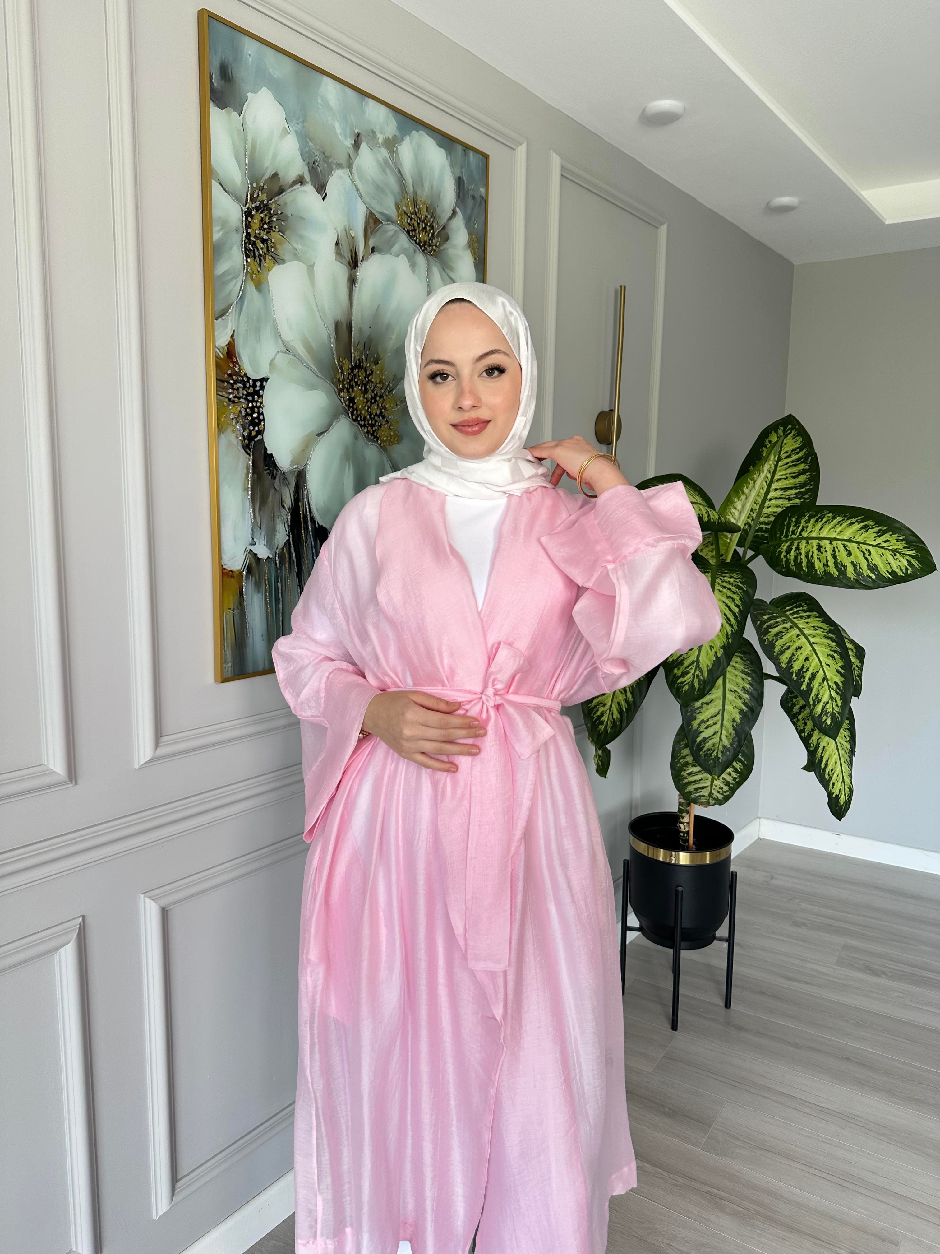 Seyyar Kemerli Pamuk Vual Kimono – Pembe