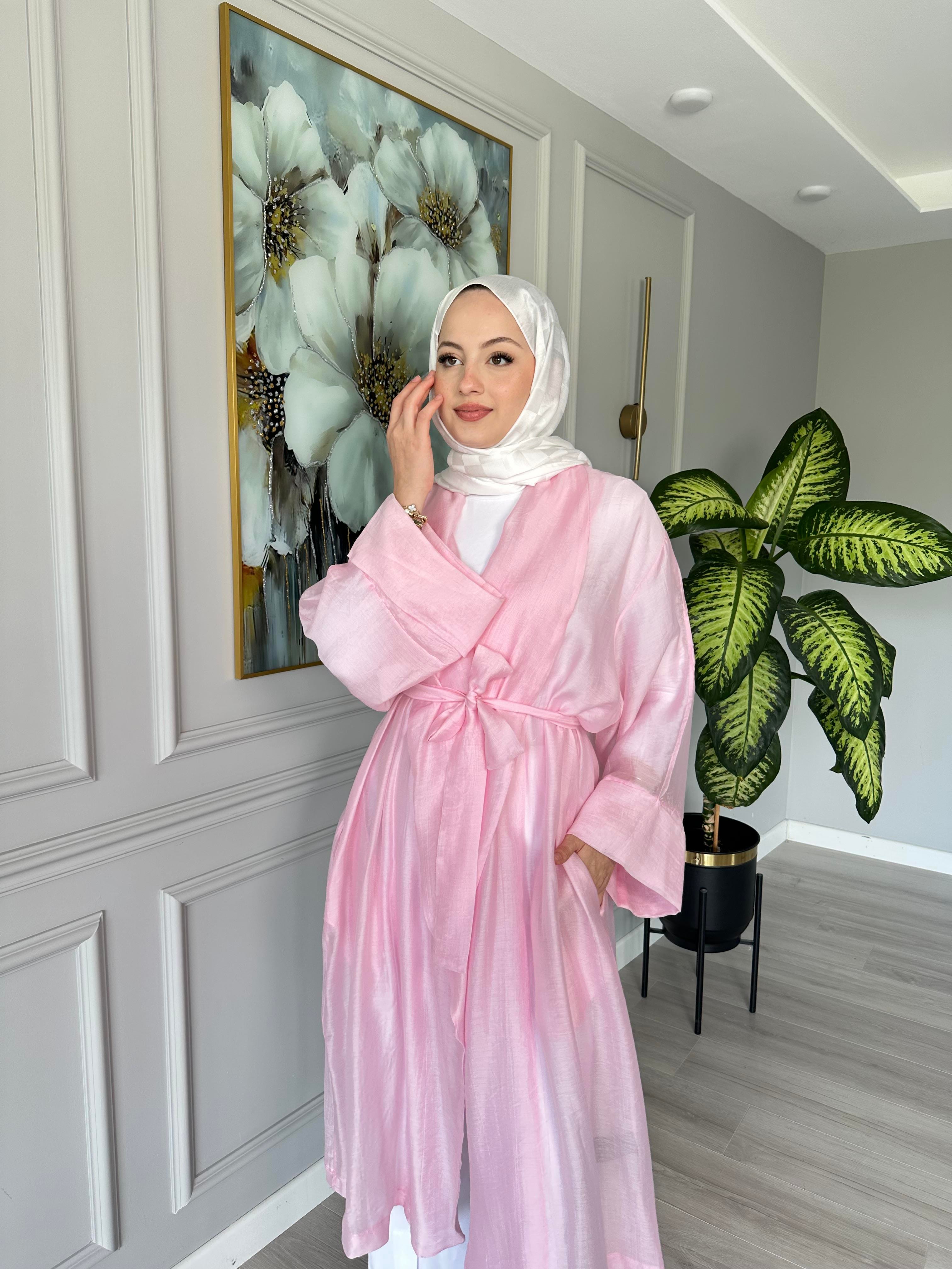 Seyyar Kemerli Pamuk Vual Kimono – Pembe