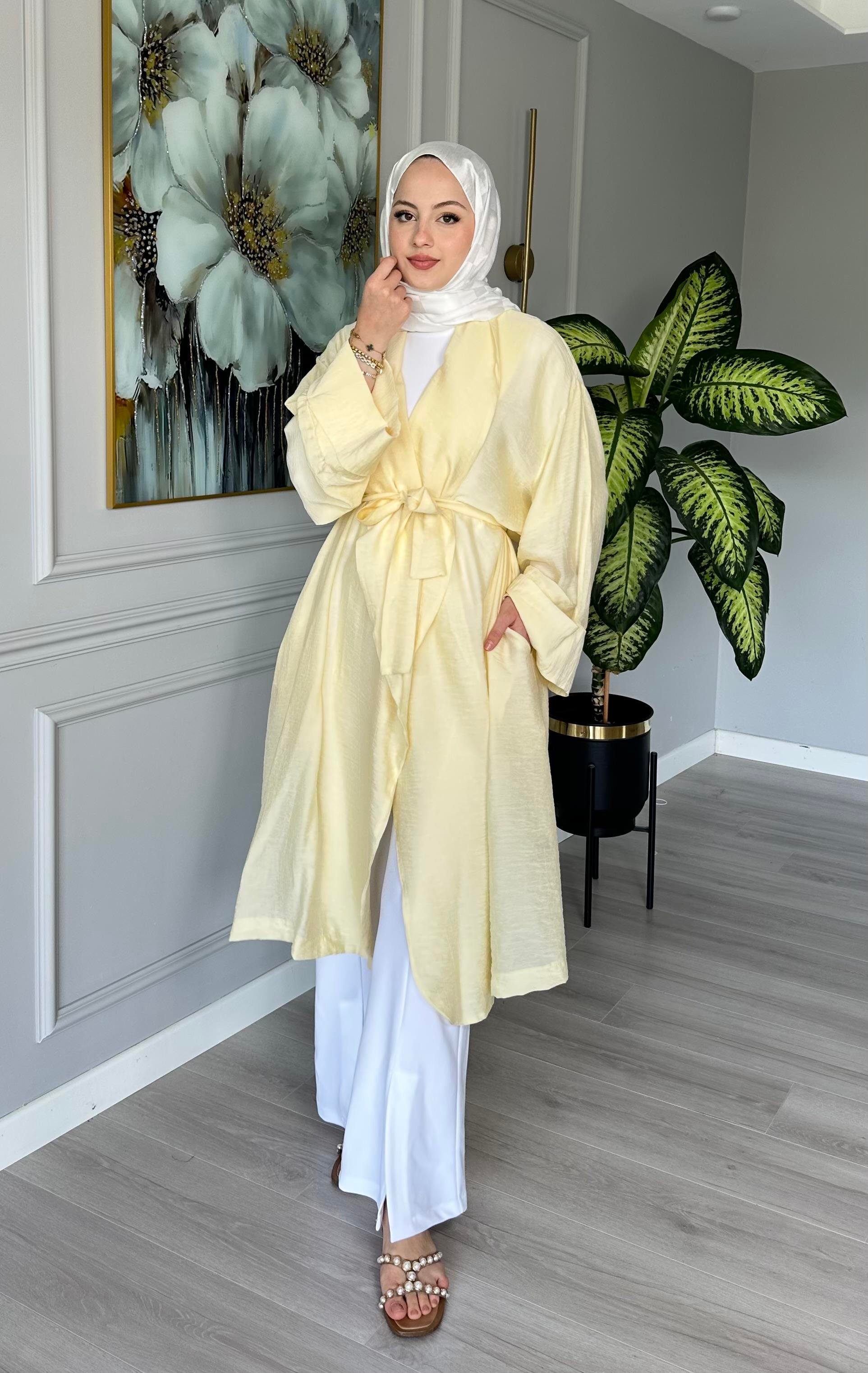 Seyyar Kemerli Pamuk Vual Kimono – Sarı