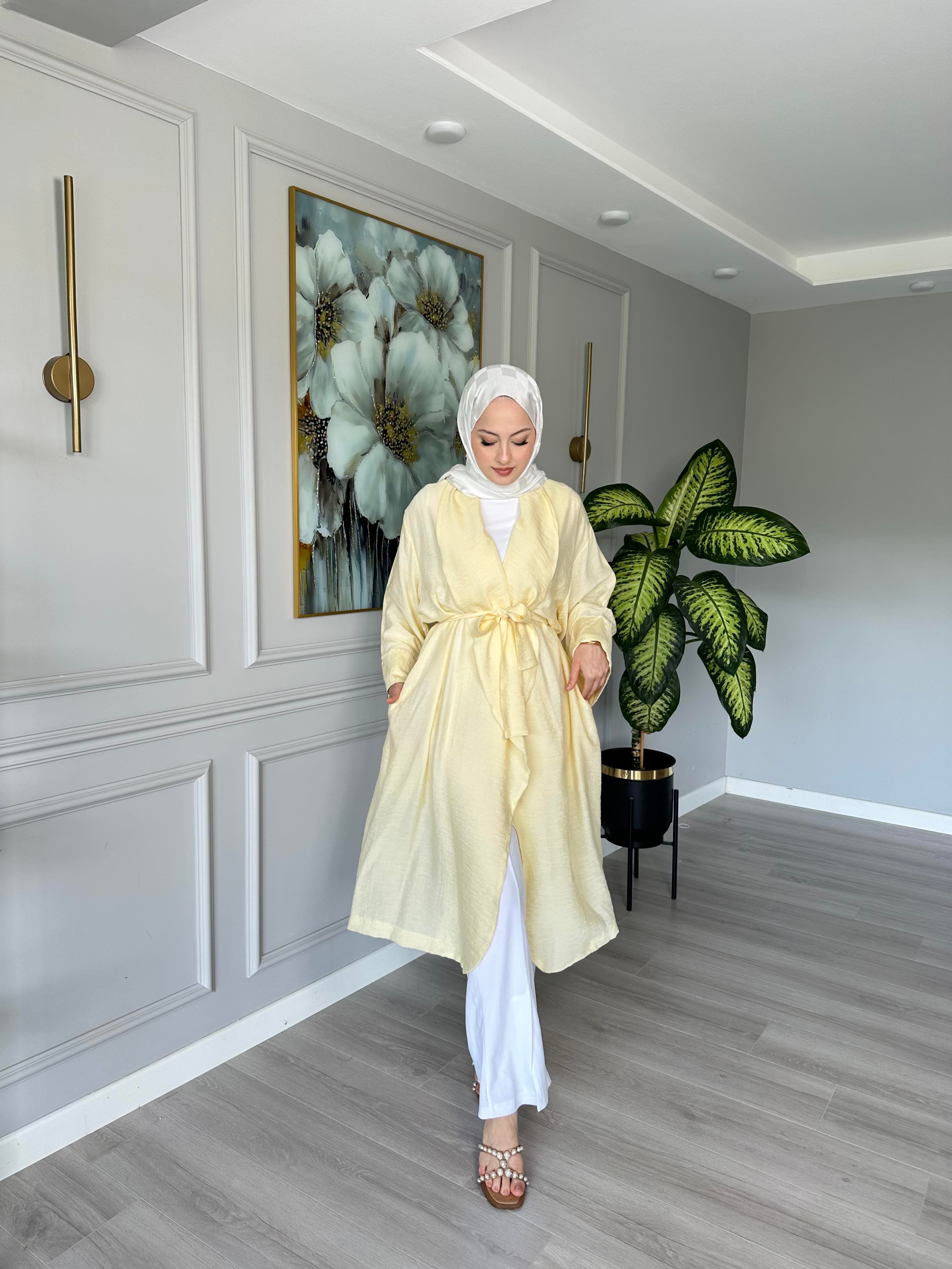 Seyyar Kemerli Pamuk Vual Kimono – Sarı