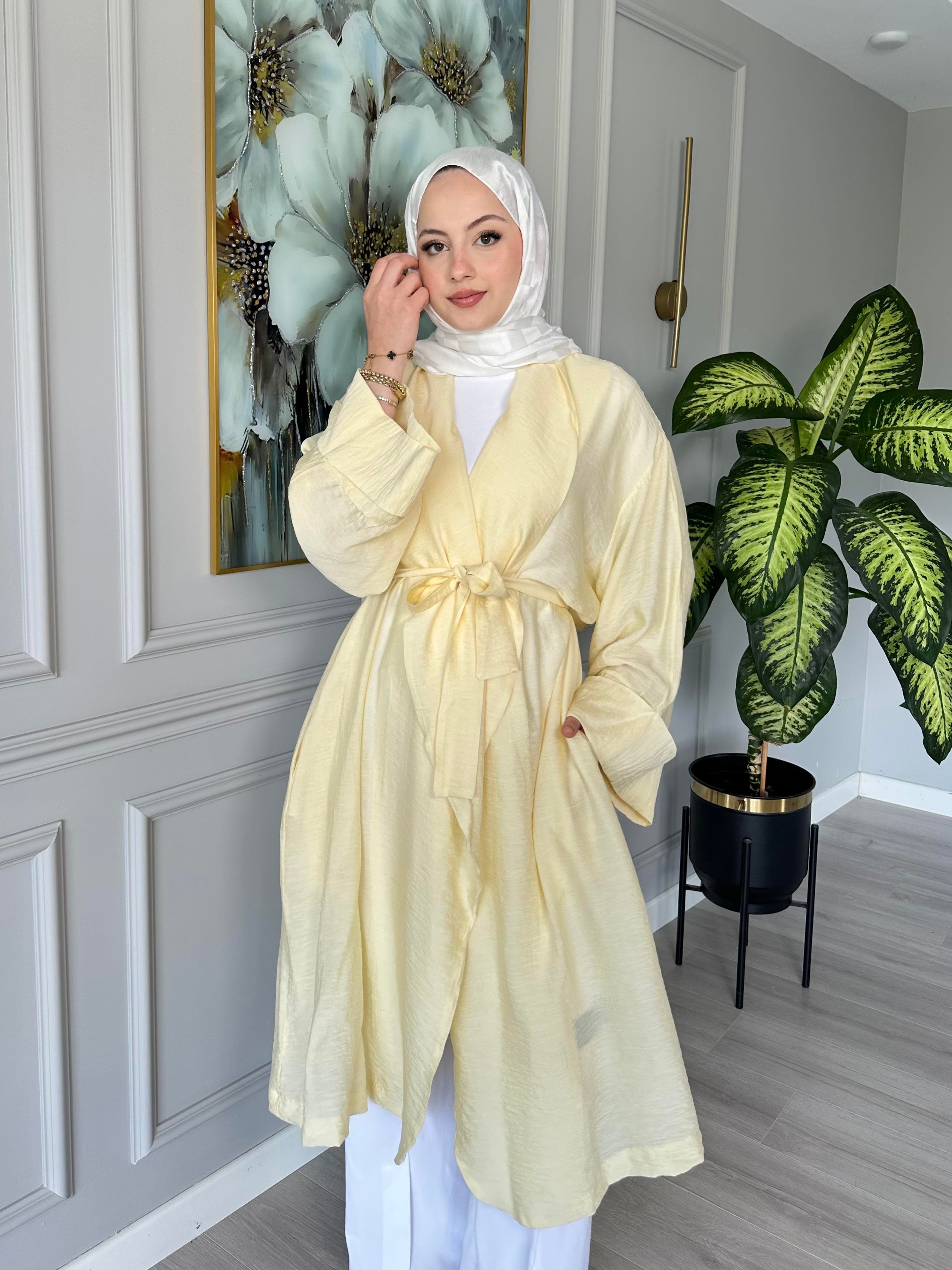 Seyyar Kemerli Pamuk Vual Kimono – Sarı
