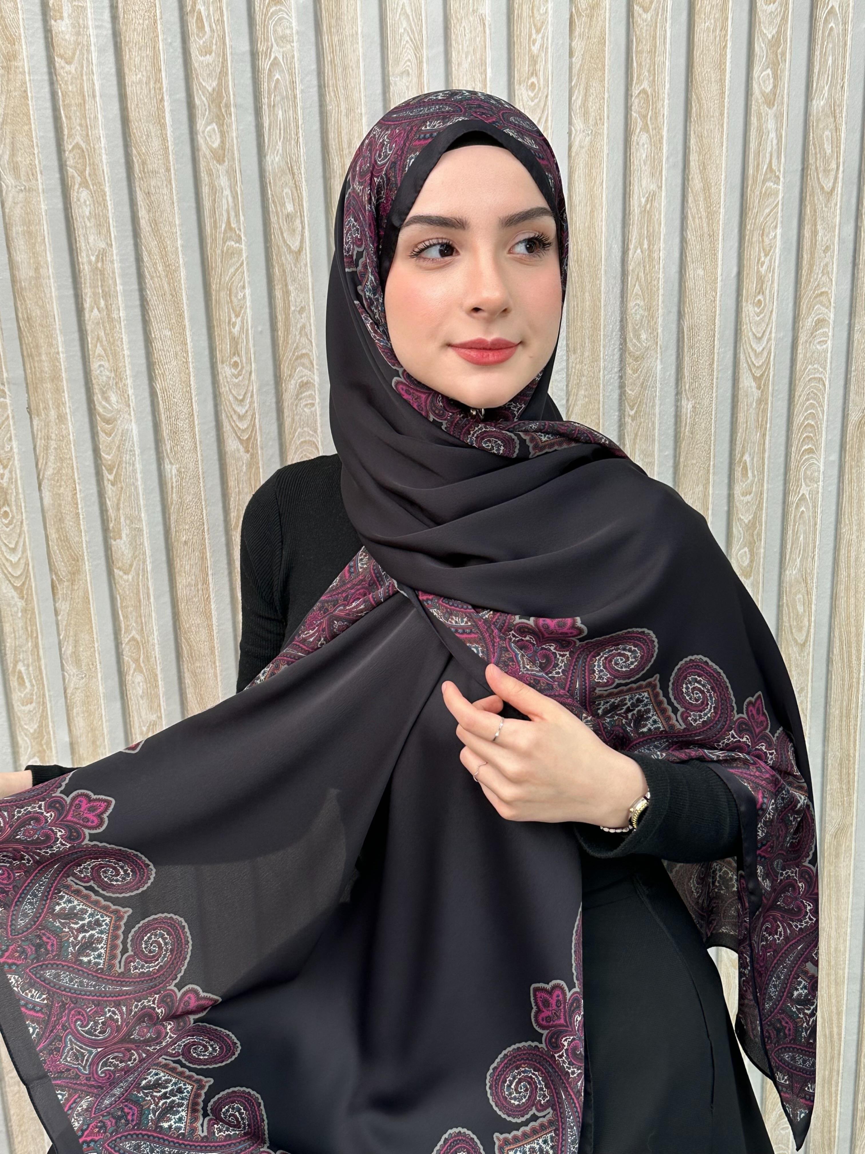 SiyahFuşya Roza Deluxe İpek Şal