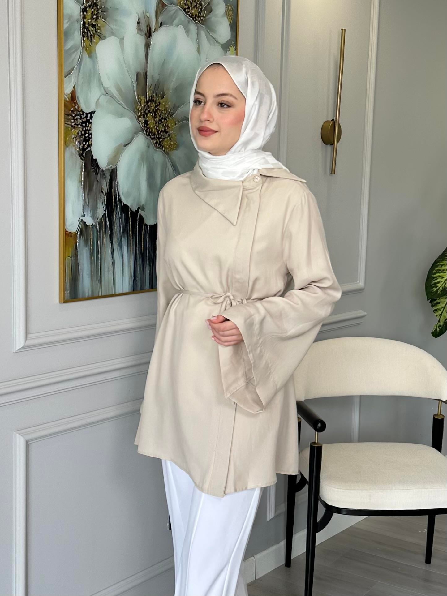 Taş Renk Yaka Detaylı Salaş Tunik