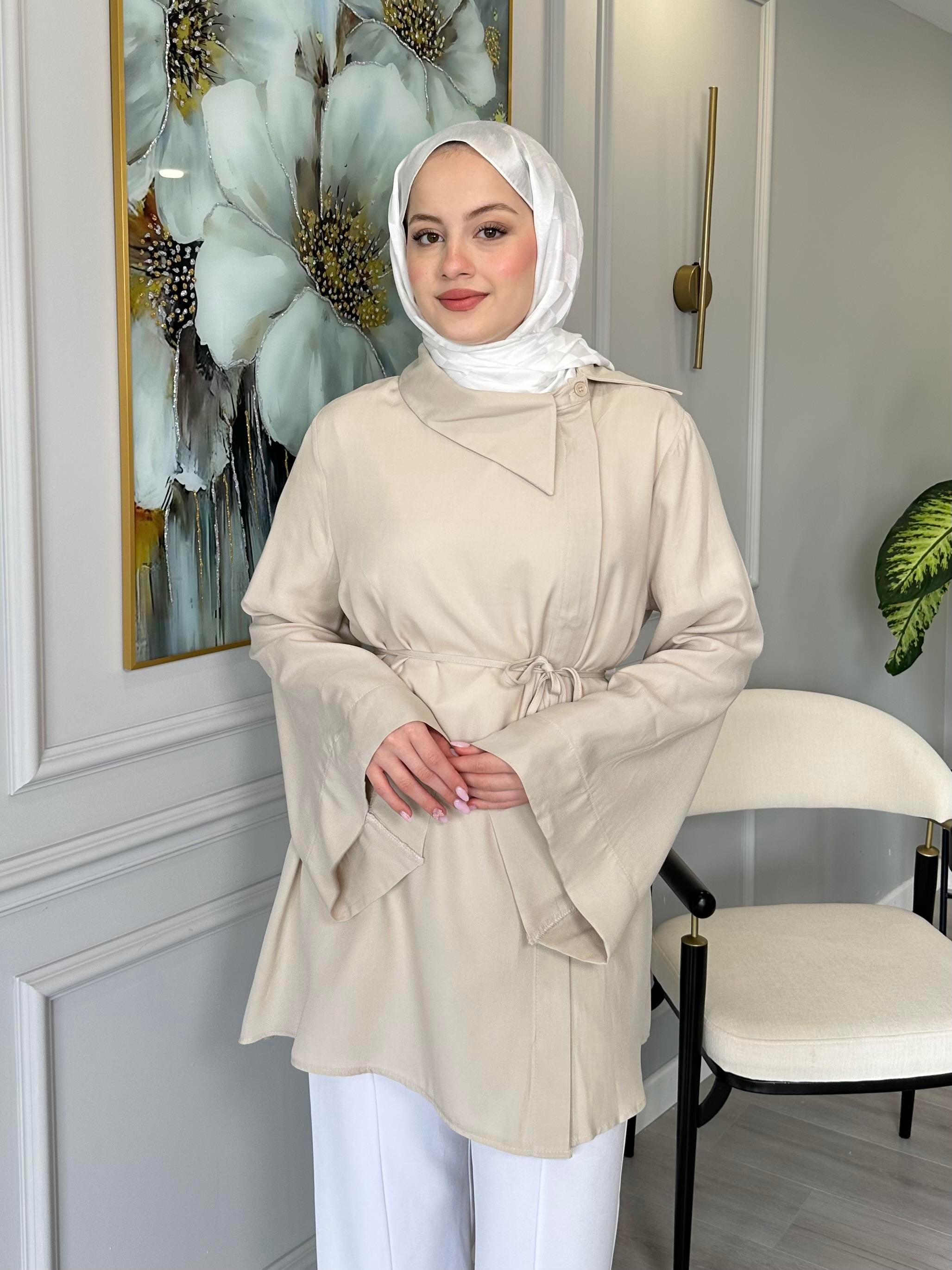 Taş Renk Yaka Detaylı Salaş Tunik