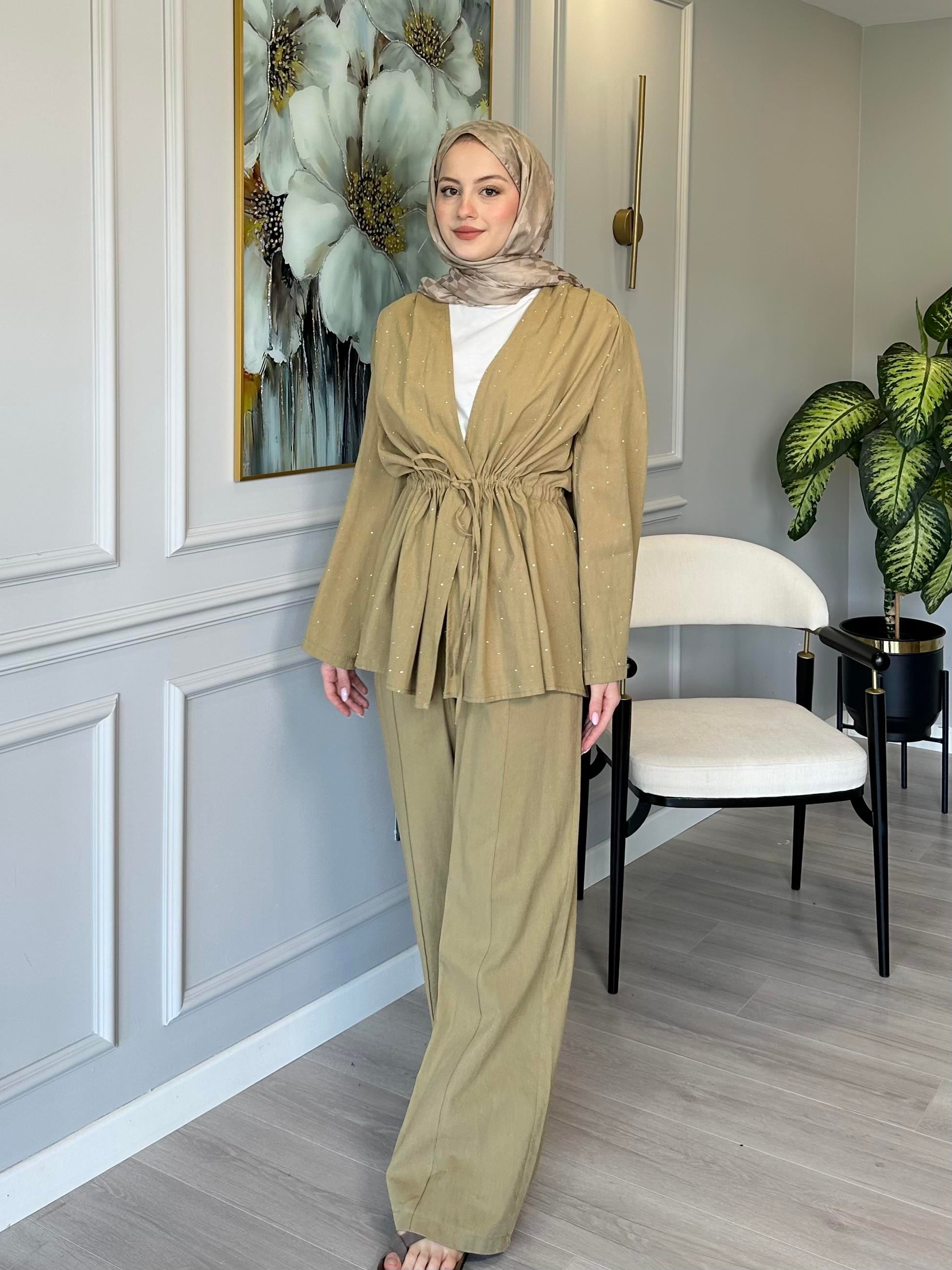 Yağ Yeşili Taş Detaylı Keten Tunik Pantolon Takım