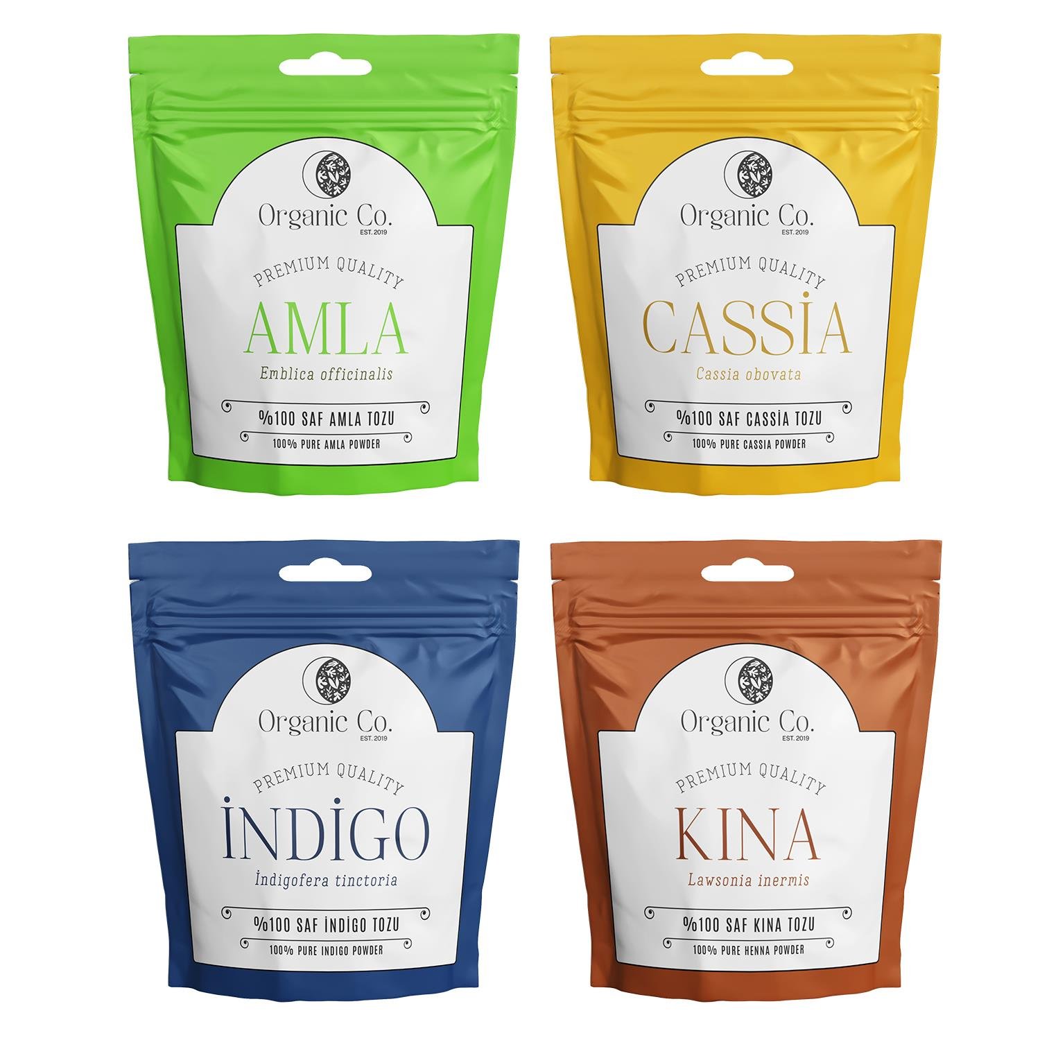 Organic Co  Doğal ve Kimyasalsız Saç Boyama Seti Saf Kına, İndigo, Cassia ve Amla Bitki Tozları 