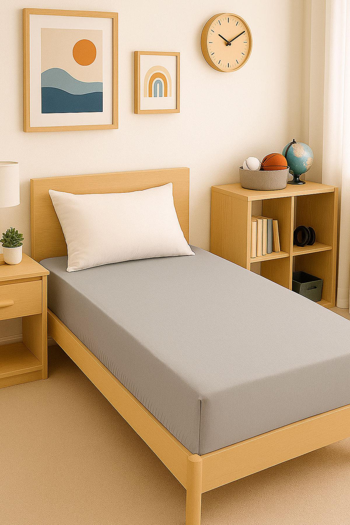 80 x 200 + 30 cm Düz Pamuklu Tek Kişilik Lastikli Fitted Penye Çarşaf