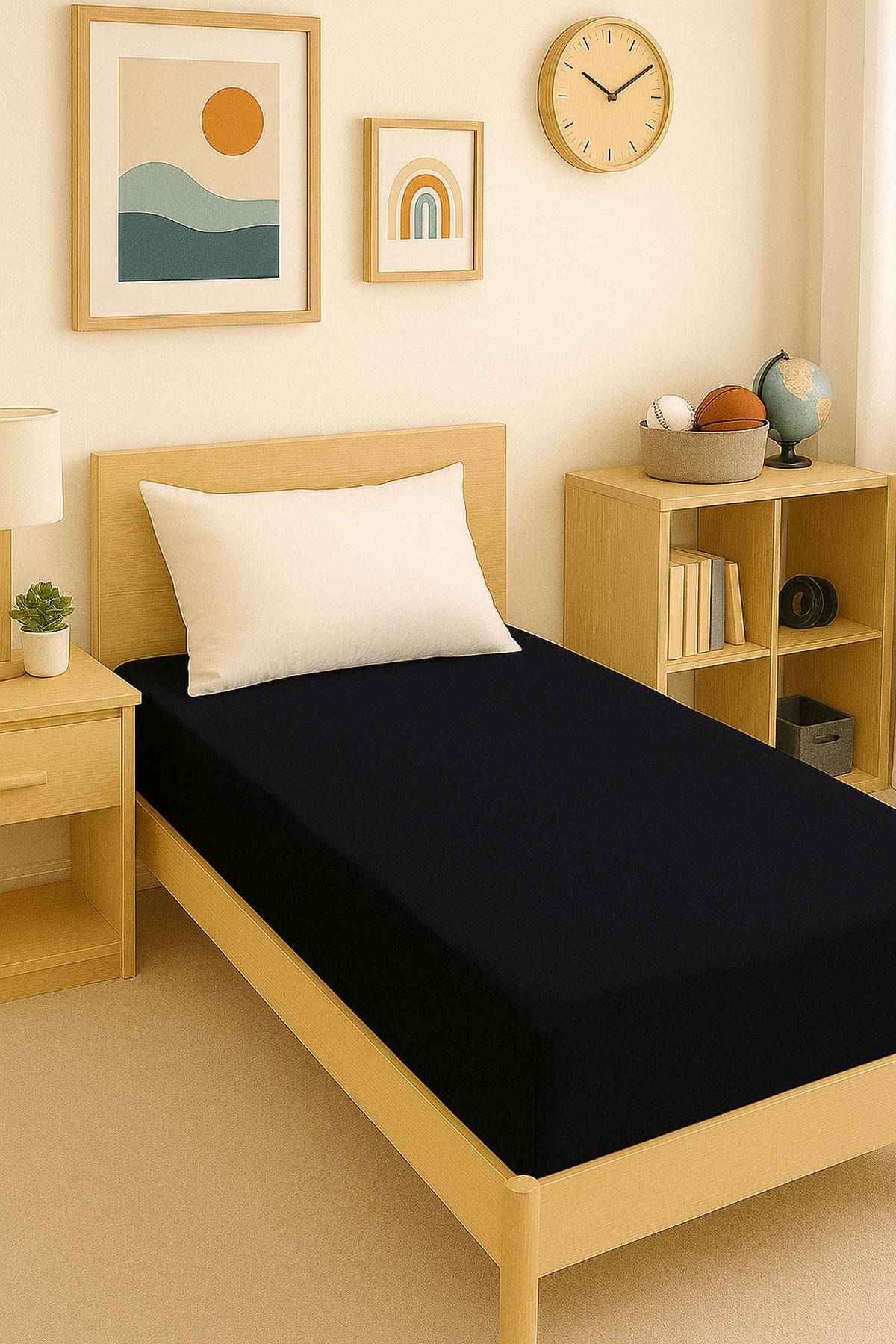 80 x 200 + 30 cm Düz Pamuklu Tek Kişilik Lastikli Fitted Penye Çarşaf