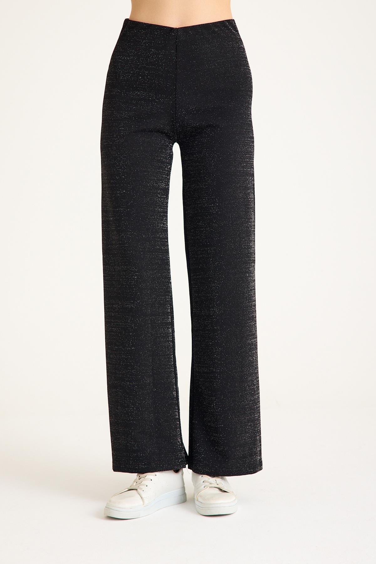 Simli Rahat Kalıp Bol Paça Kadın Pantolon