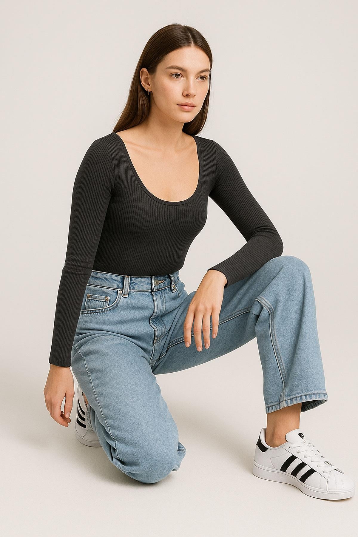 2 Adet Uzun Kollu Kayık Yaka Ribanalı Bluz