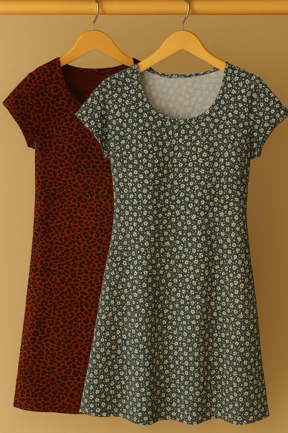 2 Adet Dökümlü Rahat Kalıp Günlük Penye Kumaş Elbise