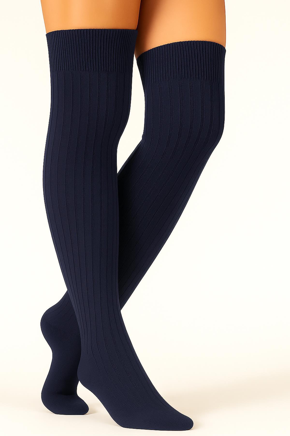 2 Adet Basic Kalın Pamuk Karışımlı Diz Üstü Çorap