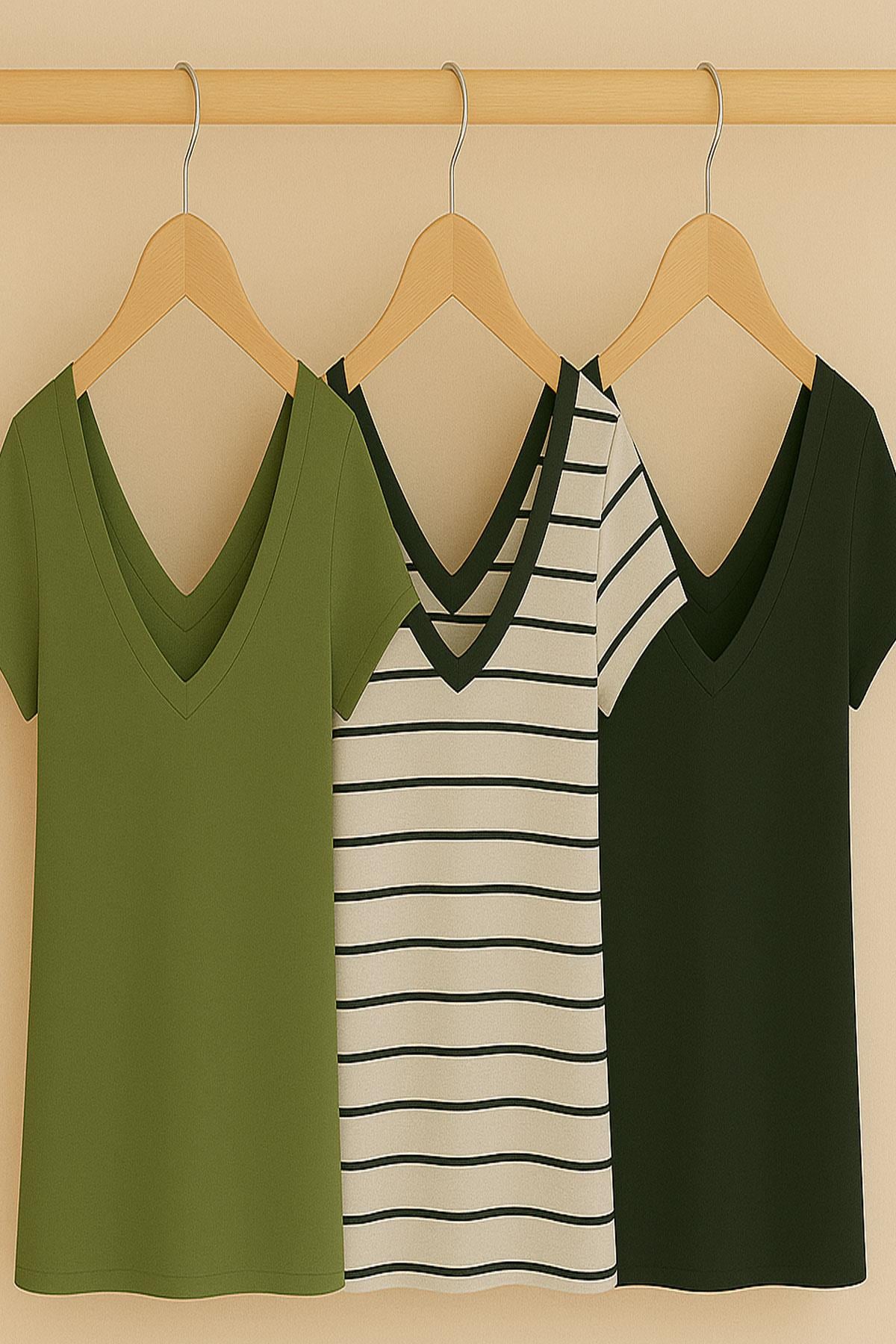 3 Adet Ön ve Arka V Yaka Basic Pamuklu Tişört