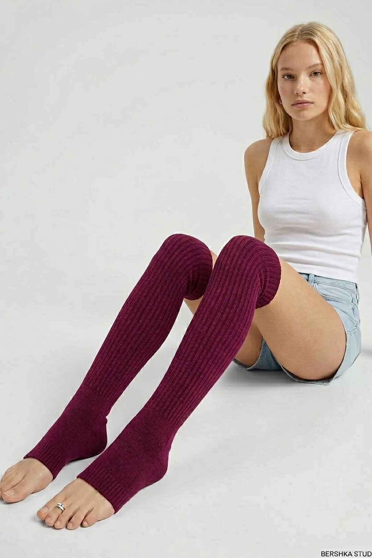 2 Çift Parmaksız Tabanlı Lastikli Diz Üstü Basic Pamuk İçerikli Tozluk