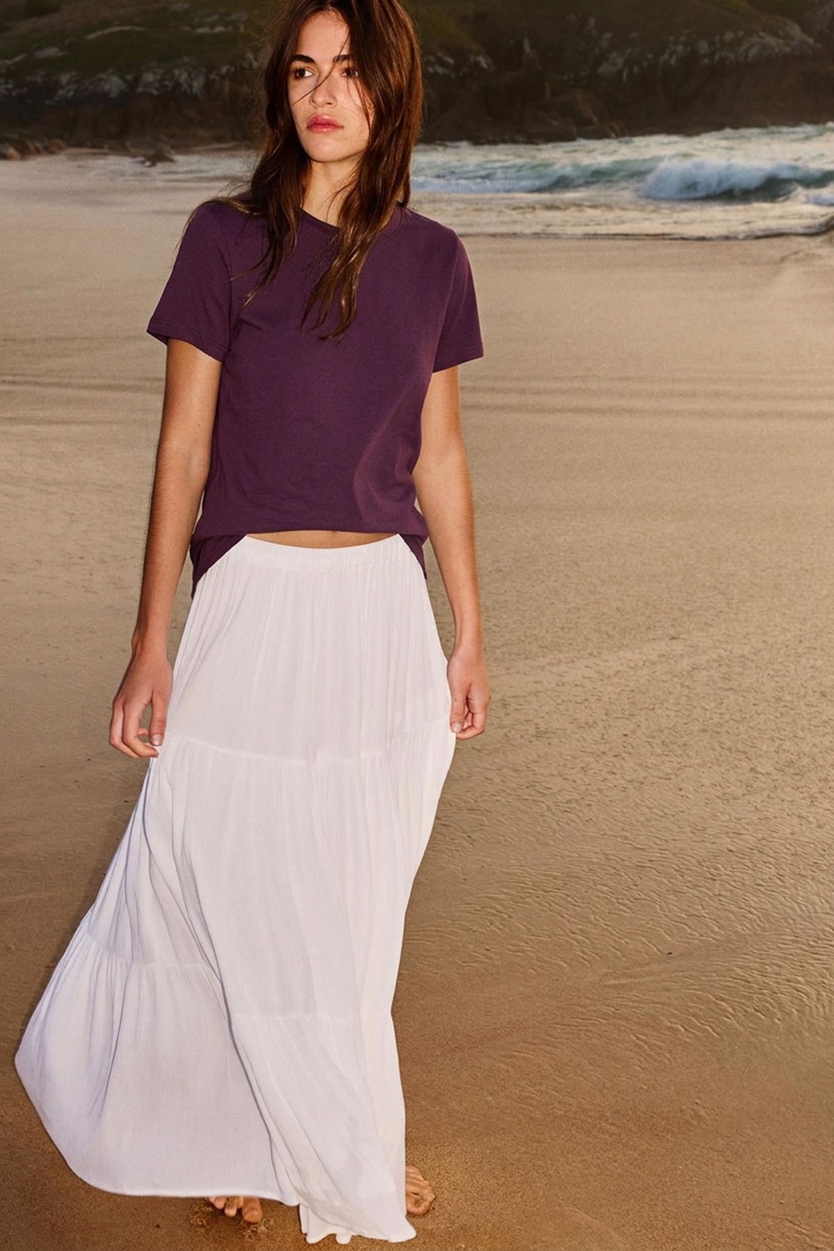 Kadın Mürdüm Yuvarlak Yaka Kısa Kollu Basic Tişört
