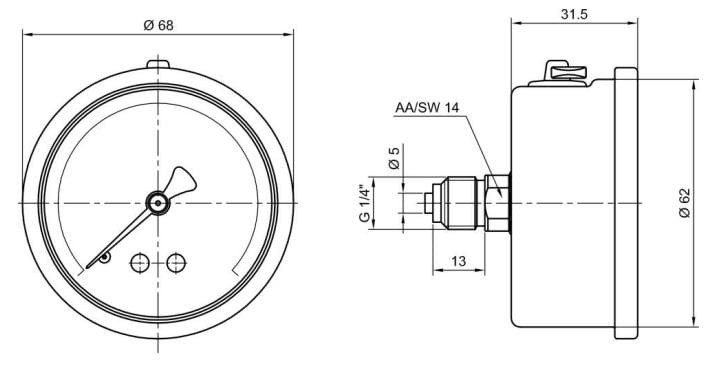 Pakkens - Pakkens 0-1 Bar 63 mm Arkadan Bağlantılı Gliserinli Manometre G 1/4 inç