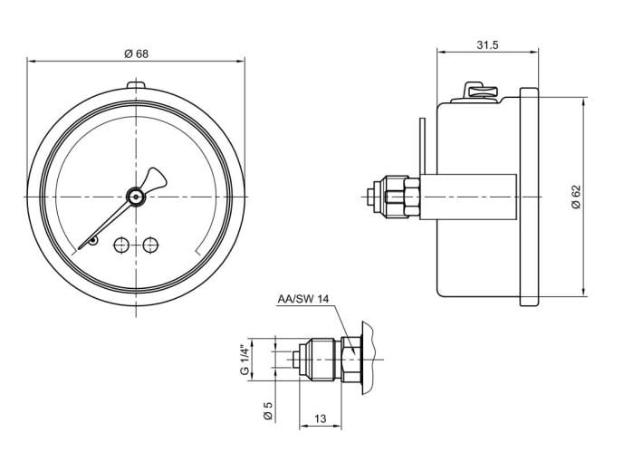 Pakkens - Pakkens 0-10 Bar 63 mm Arkadan Bağlantılı Panotipi Gliserinli Manometre G 1/4 inç