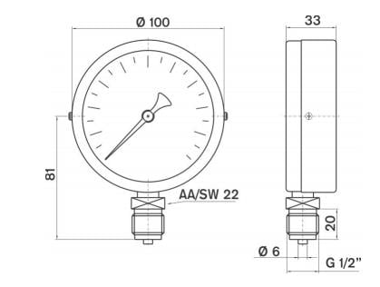 Pakkens - Pakkens 0-100 Bar 100 mm Alttan Bağlantılı Kuru Manometre G 1/2 inç