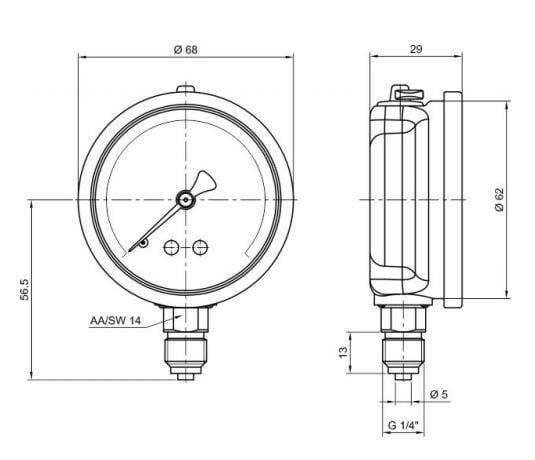 Pakkens - Pakkens 0-160 Bar 63 mm Alttan Bağlantılı Gliserinli Manometre G 1/4 inç