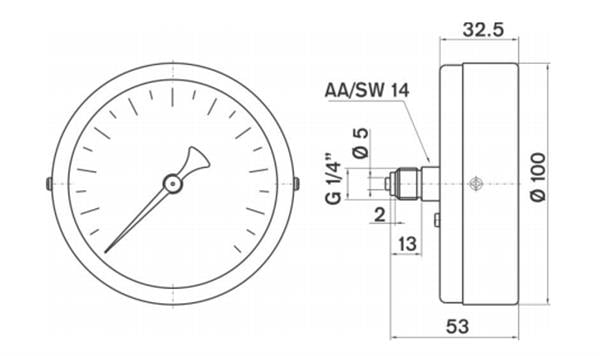 Pakkens - Pakkens 0-315 Bar 100 mm Arkadan Bağlantılı Kuru Manometre G 1/4 inç