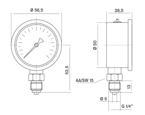 Pakkens - Pakkens 0-315 Bar 50 mm Alttan Bağlantılı Gliserinli Manometre G 1/4 inç