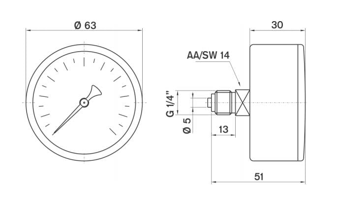 Pakkens - Pakkens 0-315 Bar 63 mm Arkadan Bağlantılı Kuru Manometre G 1/4 inç