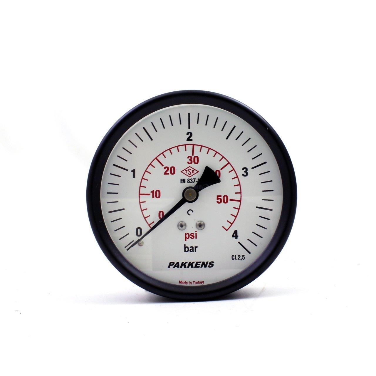 Pakkens - Pakkens 0-4 Bar 100 mm Arkadan Bağlantılı Kuru Manometre G 1/4 inç