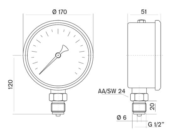 Pakkens - Pakkens 0-60 Bar 160 mm Alttan Bağlantılı Gliserinli Manometre G 1/2 inç