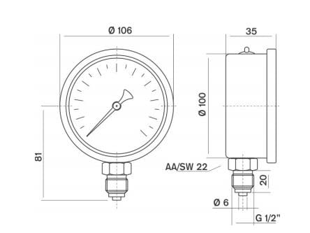 Pakkens - Pakkens 0-600 Bar 100 mm Alttan Bağlantılı Gliserinli Manometre G 1/2 inç