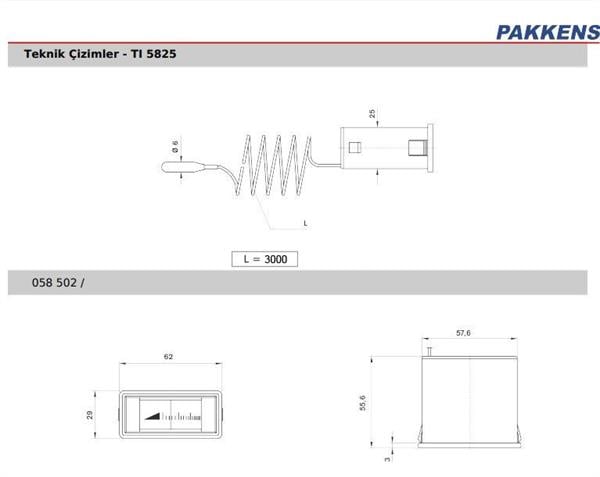 Pakkens - Pakkens 58x25 mm 0/+120 °C Arkadan Bağlantılı Gazlı Termometre 3mt Kapiler Boyu