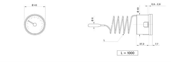 Pakkens - Pakkens Çap 40 0/+120 °C Arkadan Bağlantılı Gazlı Termometre 1mt Pvc Kaplı Kapiler Boyu