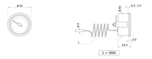 Pakkens - Pakkens Çap 60 0/+300 °C Arkadan Bağlantılı Pano Tip Gazlı Termometre 1mt Paslanmaz Örgülü