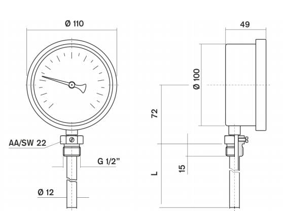 Pakkens - Pakkens Termometre 0-250 °C Çap 100 mm Daldırma Boyu 10 cm Alttan Bağlantılı G 1/2 inç