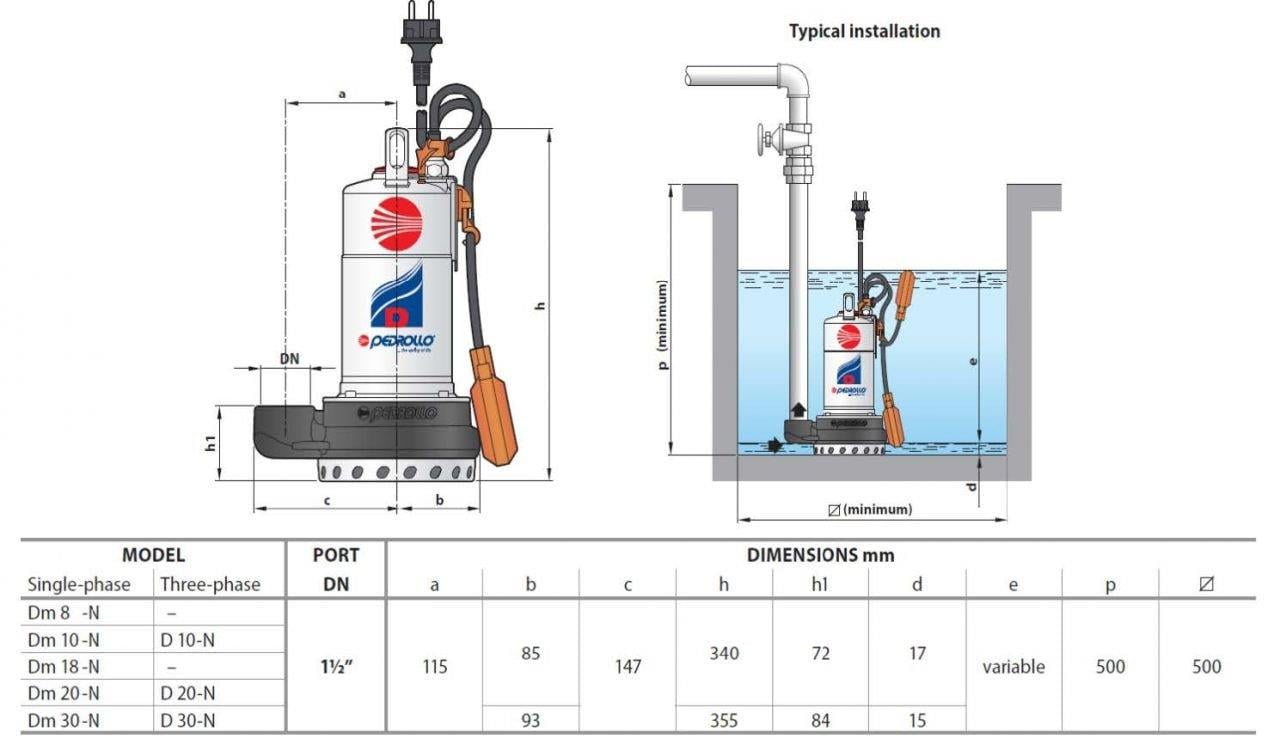 Pedrollo Pompa - Pedrollo DM 30 N Flatörlü Paslanmaz Gövdeli Drenaj Dalgıç Pompa