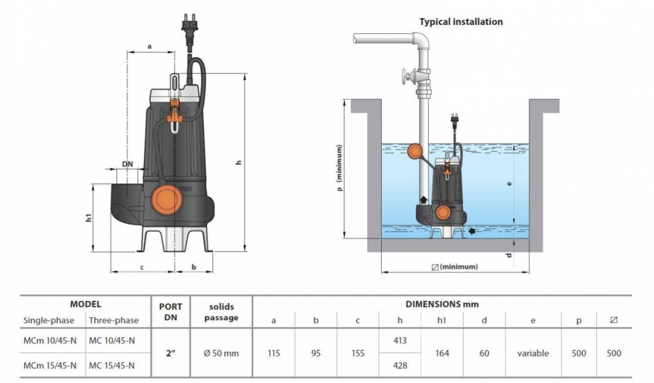 Pedrollo Pompa - Pedrollo MCm 10/45 N Flatörlü Döküm Gövdeli Foseptik Dalgıç Pompa